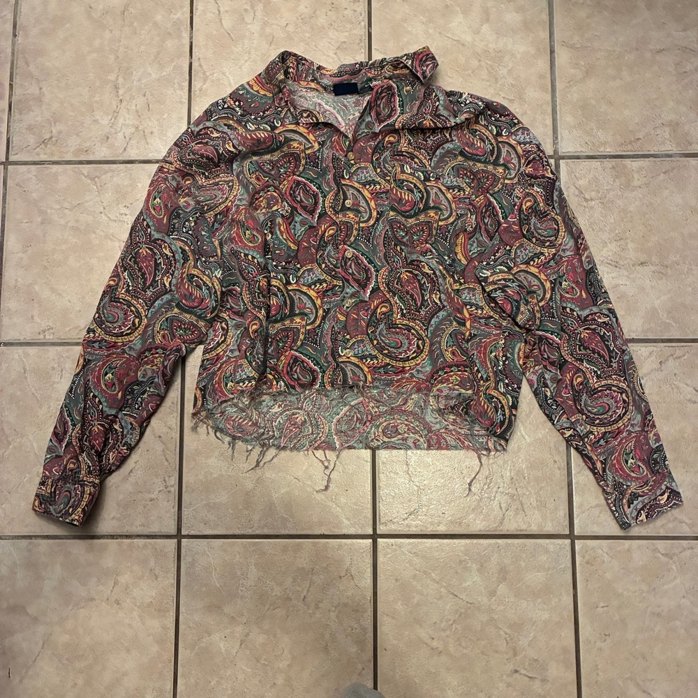 BON HOMME Paisley Print Collared Long Sleeve Shirt Womens XL Distressed Boho Art